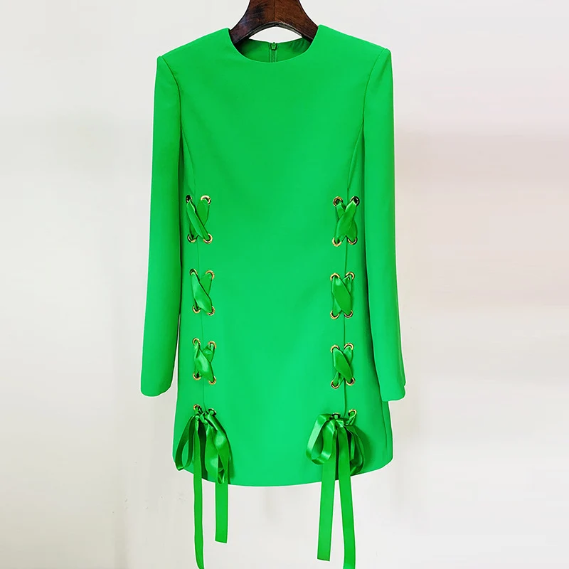 TDSGZHL Neela Bowknot Mini Dress Casual Round Neck Long Sleeve Green S — Womens Dresses