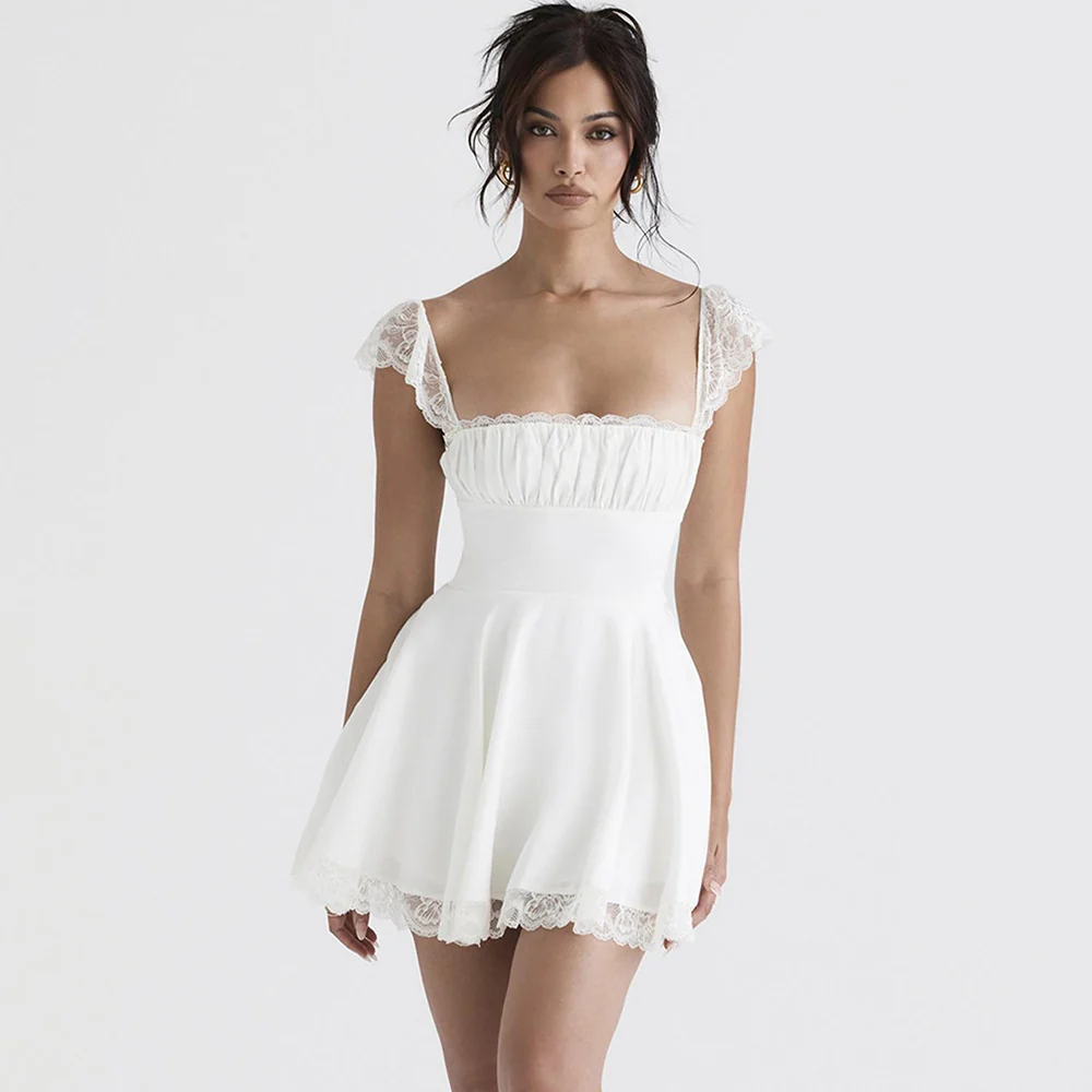 TDSGZHL Mini robe plissée avec ourlet en dentelle et col carré Blanc XS — Robes pour femmes