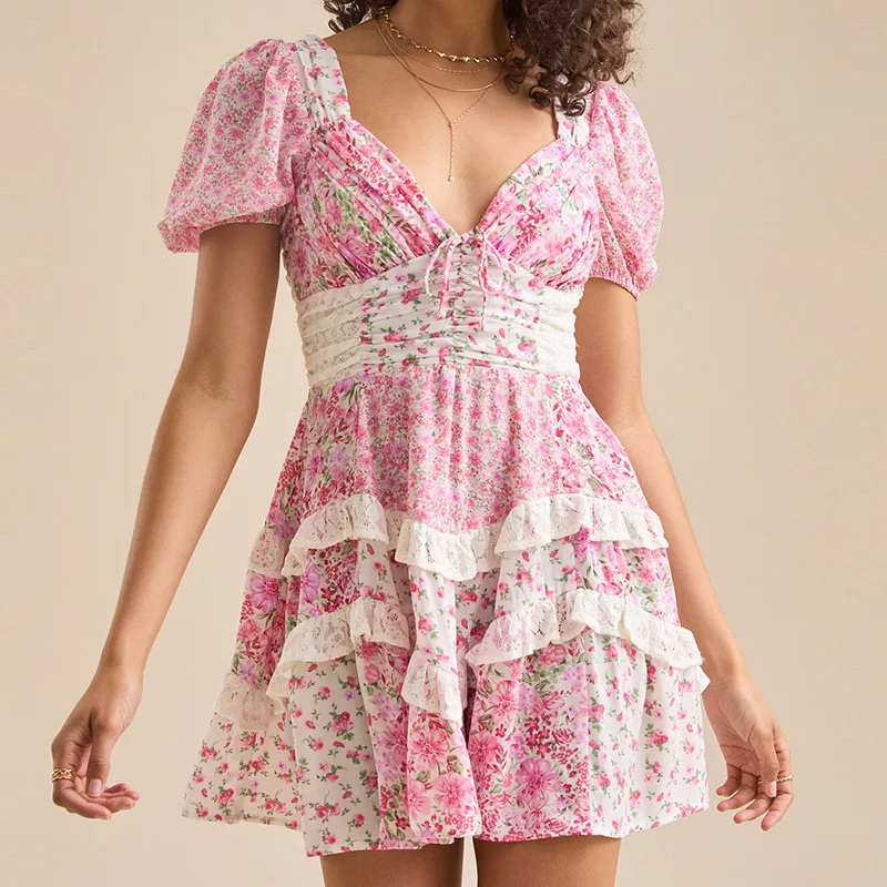 Lacceti Cassidy Ruffle Patchwork Mini Dress Floral Women’s Pink S — Womens Dresses