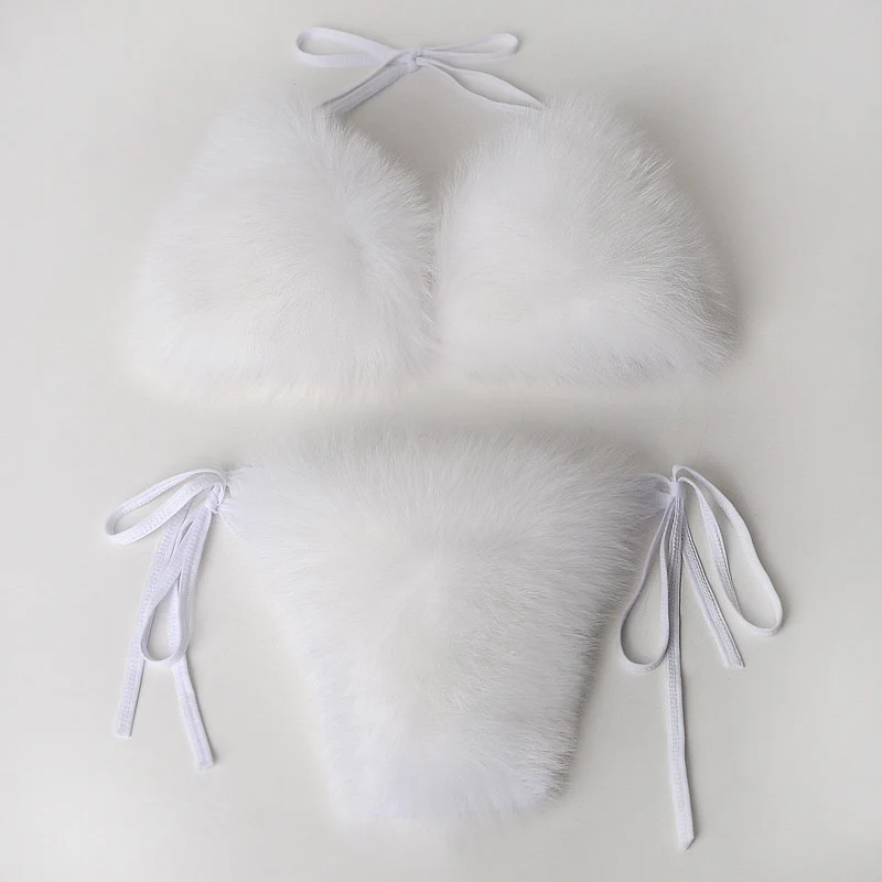 12.21每次必推款式 Ensemble de bikini triangle licou en fausse fourrure pour femme Beige Taille unique — Accessoires de mode
