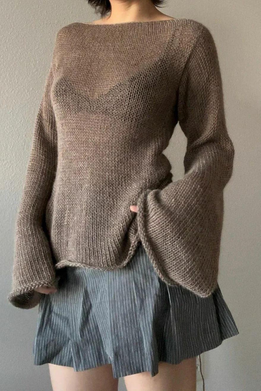 PrincessAce2025 Pull léger à manches cloche et dos noué pour femme - Marron / S — Chandails pour femmes