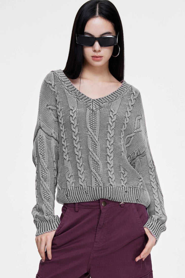 PrincessAce2025 Pull en tricot torsadé à manches longues et col en V pour femme Gris S — Chandails pour femmes