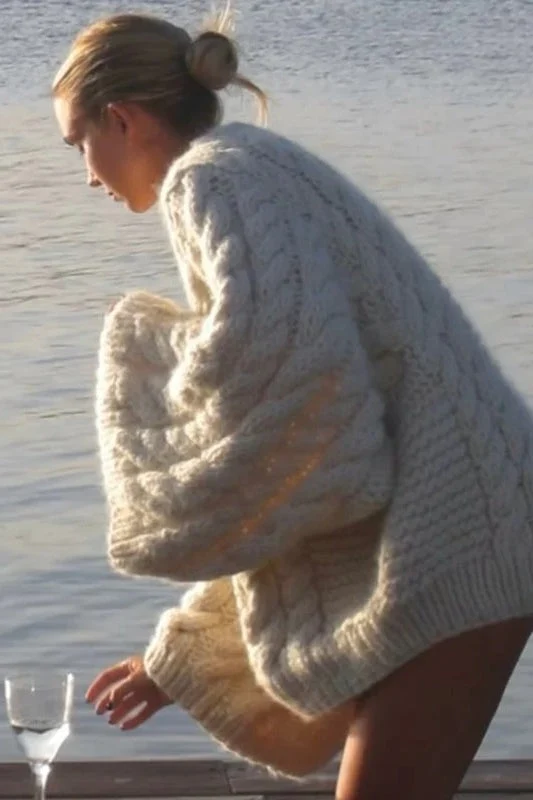 PrincessAce2025 Pull surdimensionné à col rond en tricot torsadé pour femme Blanc laiteux S — Chandails pour femmes