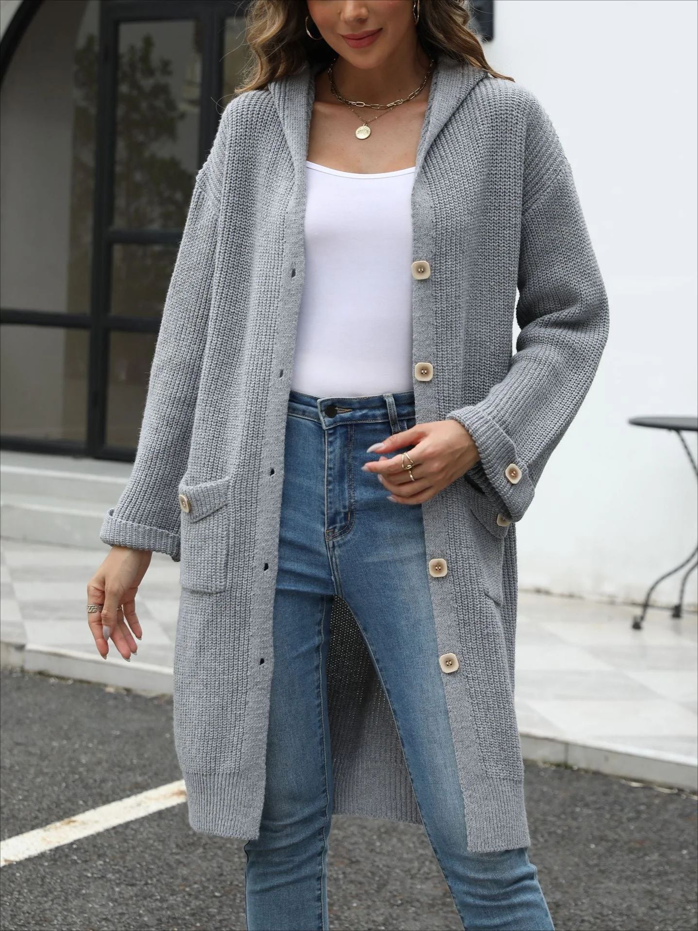 PrincessAce2025 V-Neck Loose Hooded Button Down Cardigan Sweater Grey S — Womens Sweaters