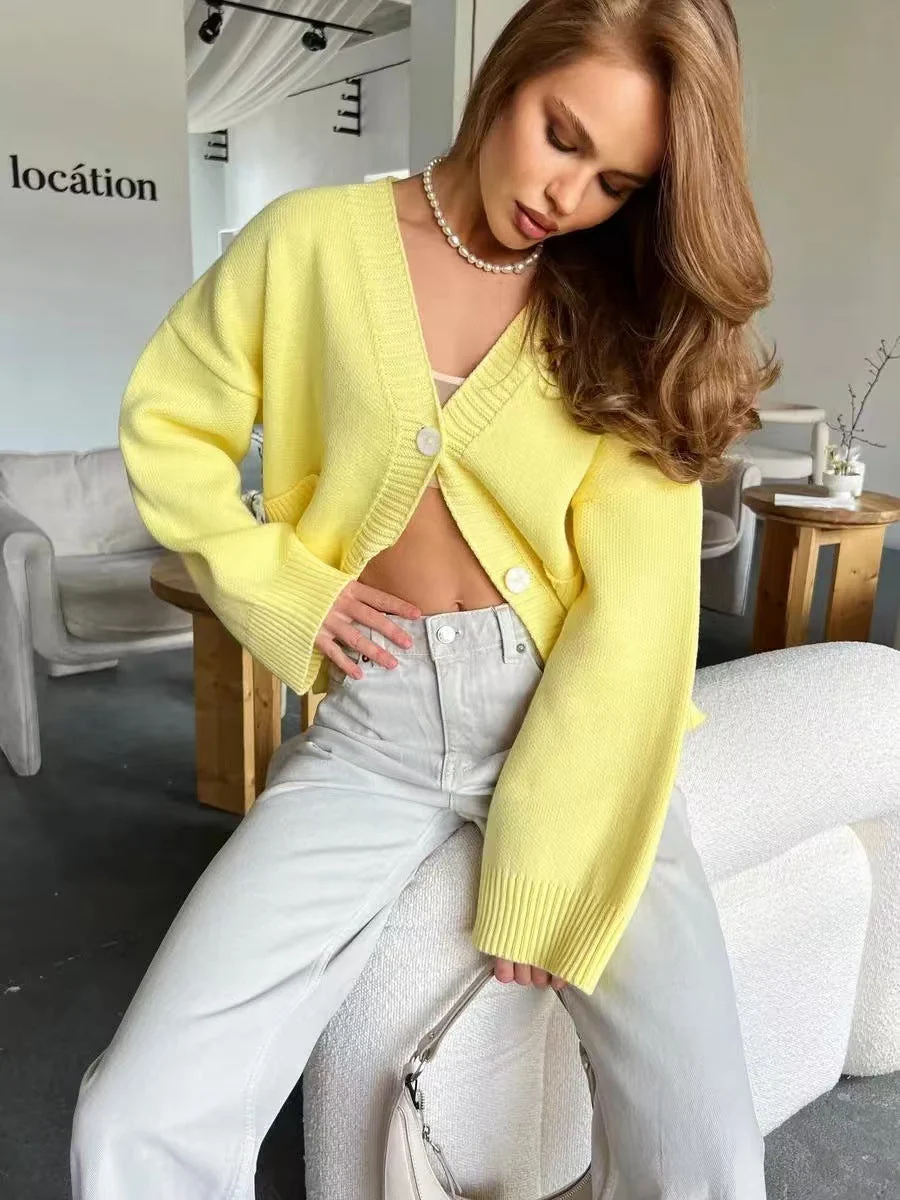 PrincessAce2025 Cardigan en tricot à manches longues avec poche et col en V pour femme Jaune S — Chandails pour femmes