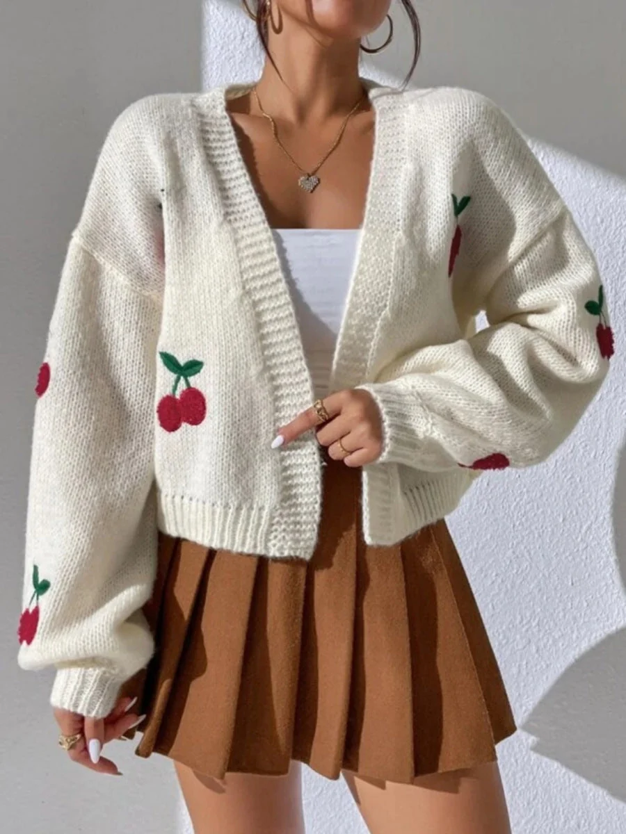 Cardigan Femme Cerise Brodé à Ouverture Frontale et Manches Lanternes — Chandails pour femmes