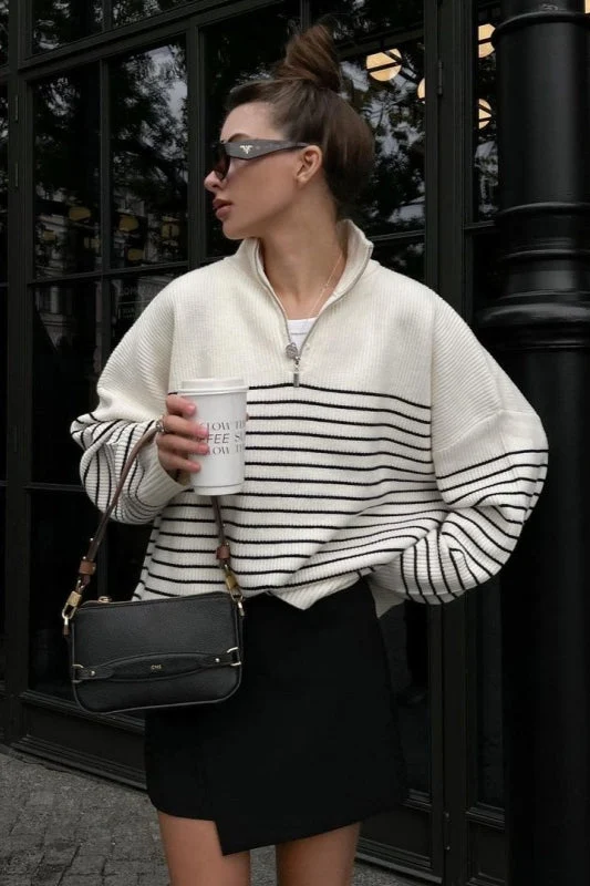 Pull Oversized à Col Zippé Rayé pour Femmes 2025 — Chandails pour femmes