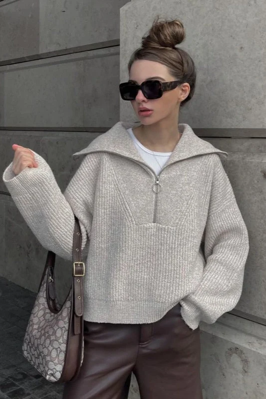 PrincessAce2025 Chandail à Col V Ample pour Femmes avec Demi-Zip — Chandails pour femmes