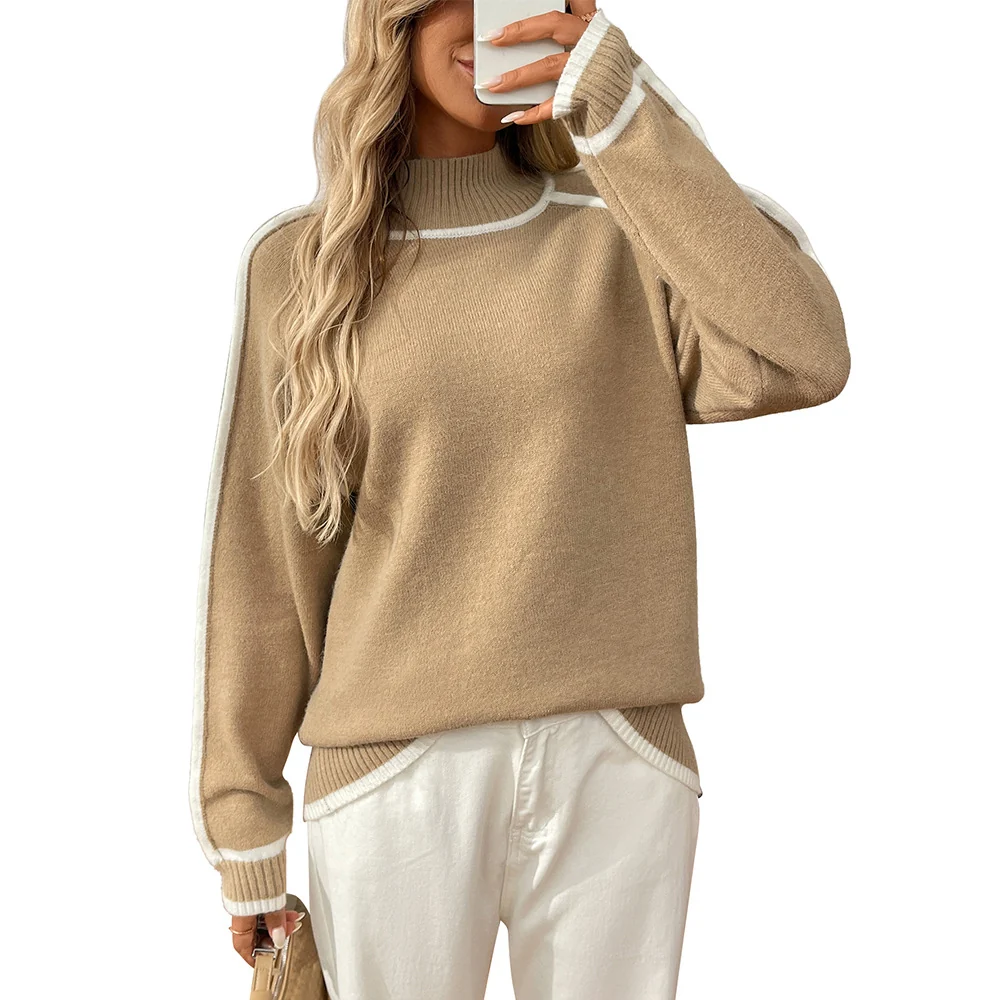 Women's Turtleneck Long Sleeve Color Block Knit Pullover Sweater — Womens Sweaters