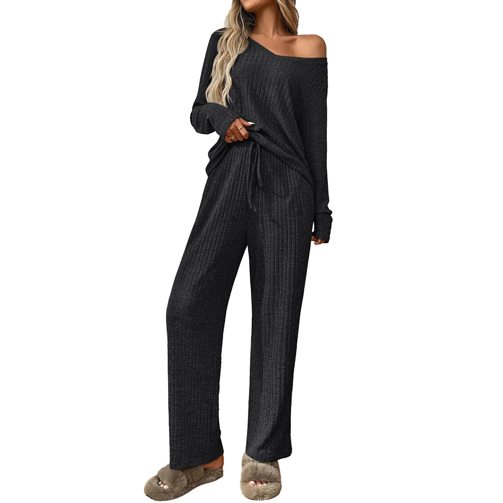 Womens 2 Piece Lounge Set Knit Sweatsuit Pullover Top Wide Leg Pants — Fashion Accessories