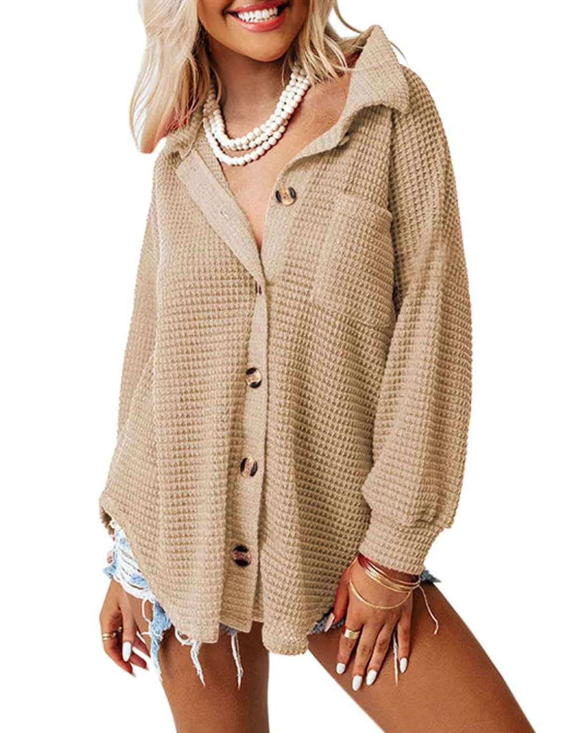 Women's Waffle Knit Button Down Shacket Jacket Casual Long Sleeve Blouse — Fashion Accessories