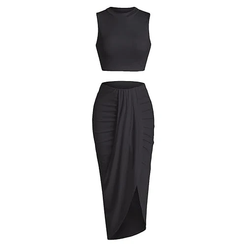 TKPHBK Women's Solid Crop Tank Top & Ruched Asymmetrical Hem Skirt Set