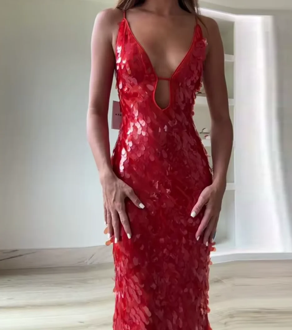 Robe Maxi Pailletée Rouge FBGGYSDP — Robes pour femmes
