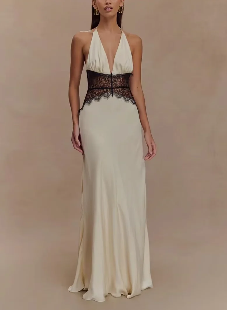 FBGGYSDP Leila Halter V Neck Maxi Dress with Lace — Womens Dresses