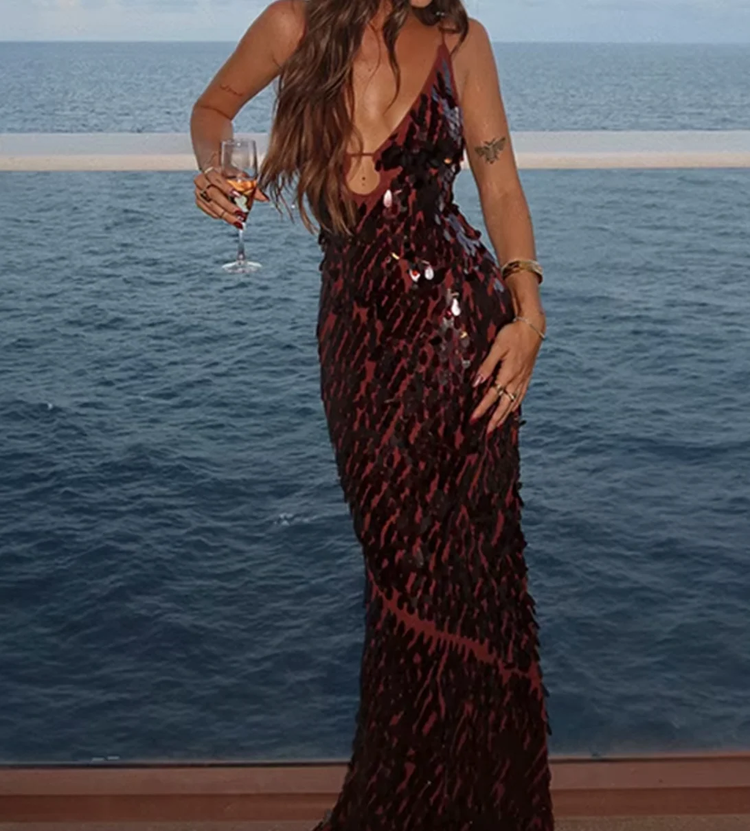 FBGGYSDP Austin Brown V Neck Sequin Dress