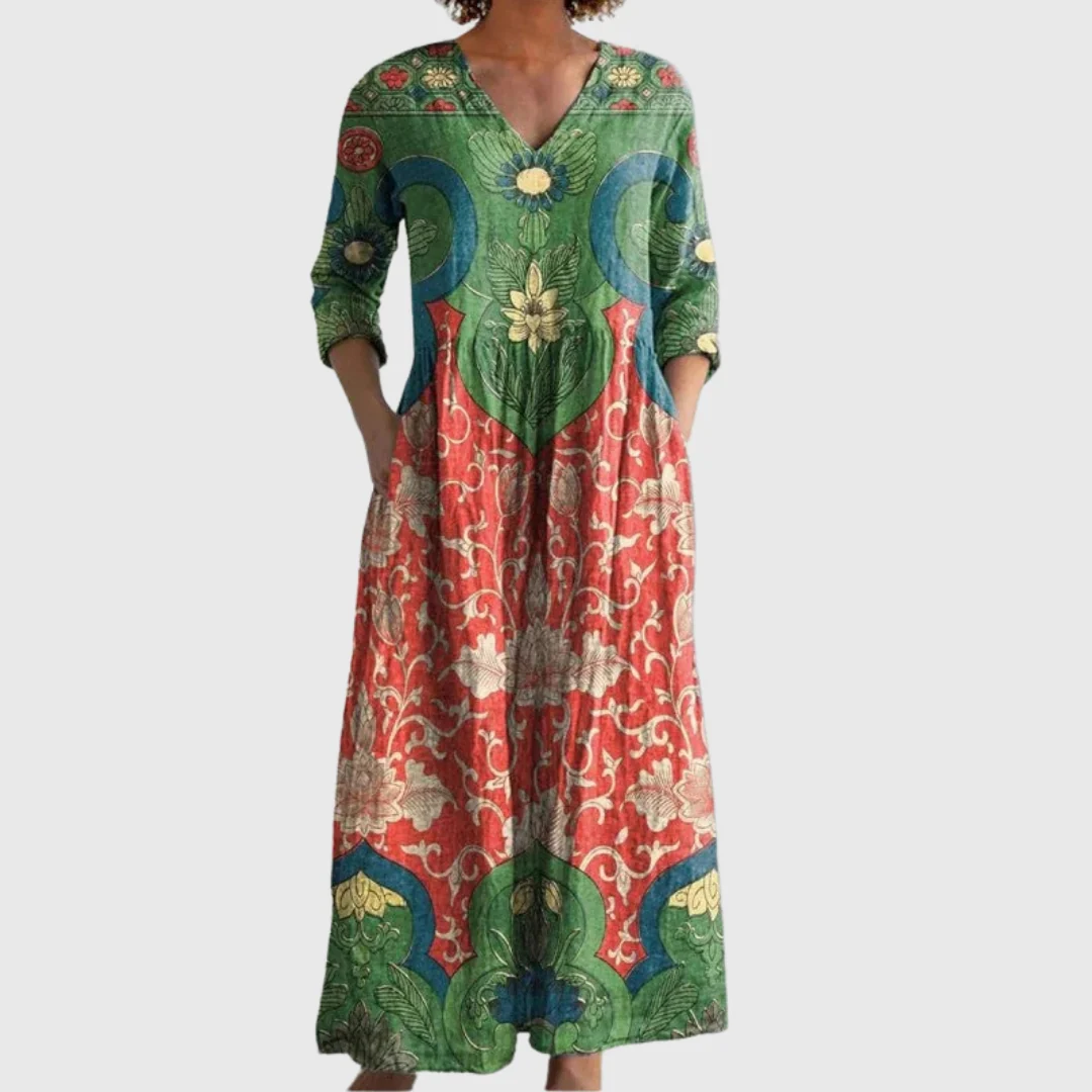 FBGGCA1 Women's Floral V Neck Midi Dress with Pockets