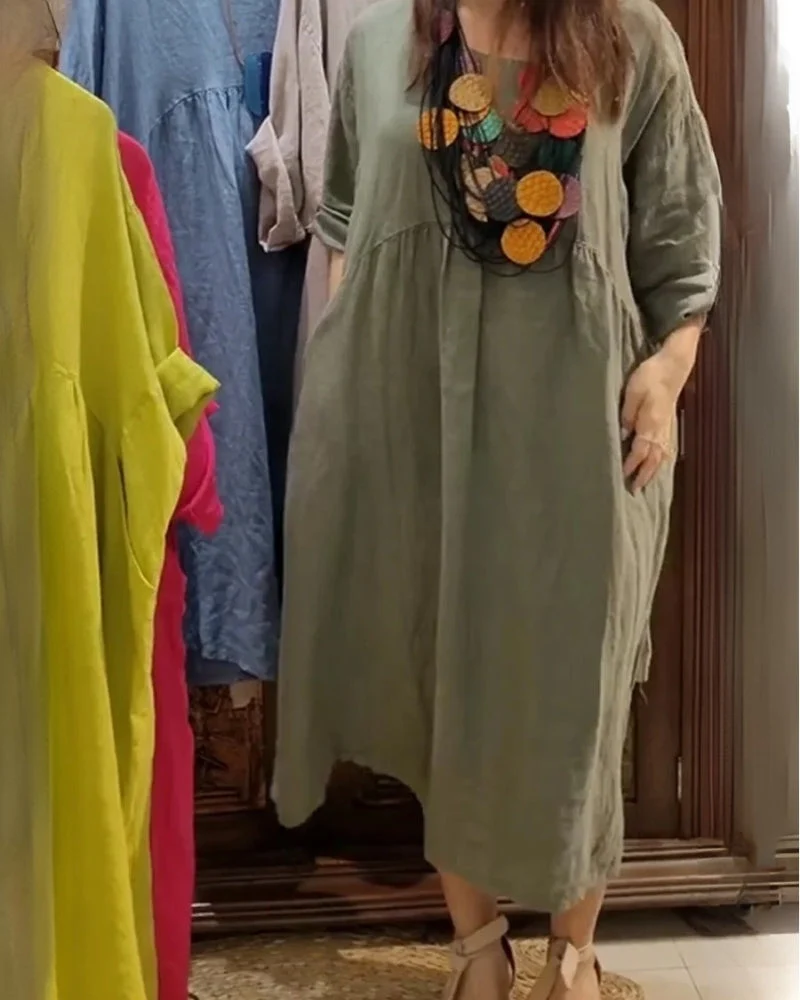 Robe Maxi Grande Taille en Lin avec Poches – Manches 3/4 Amples — Robes pour femmes