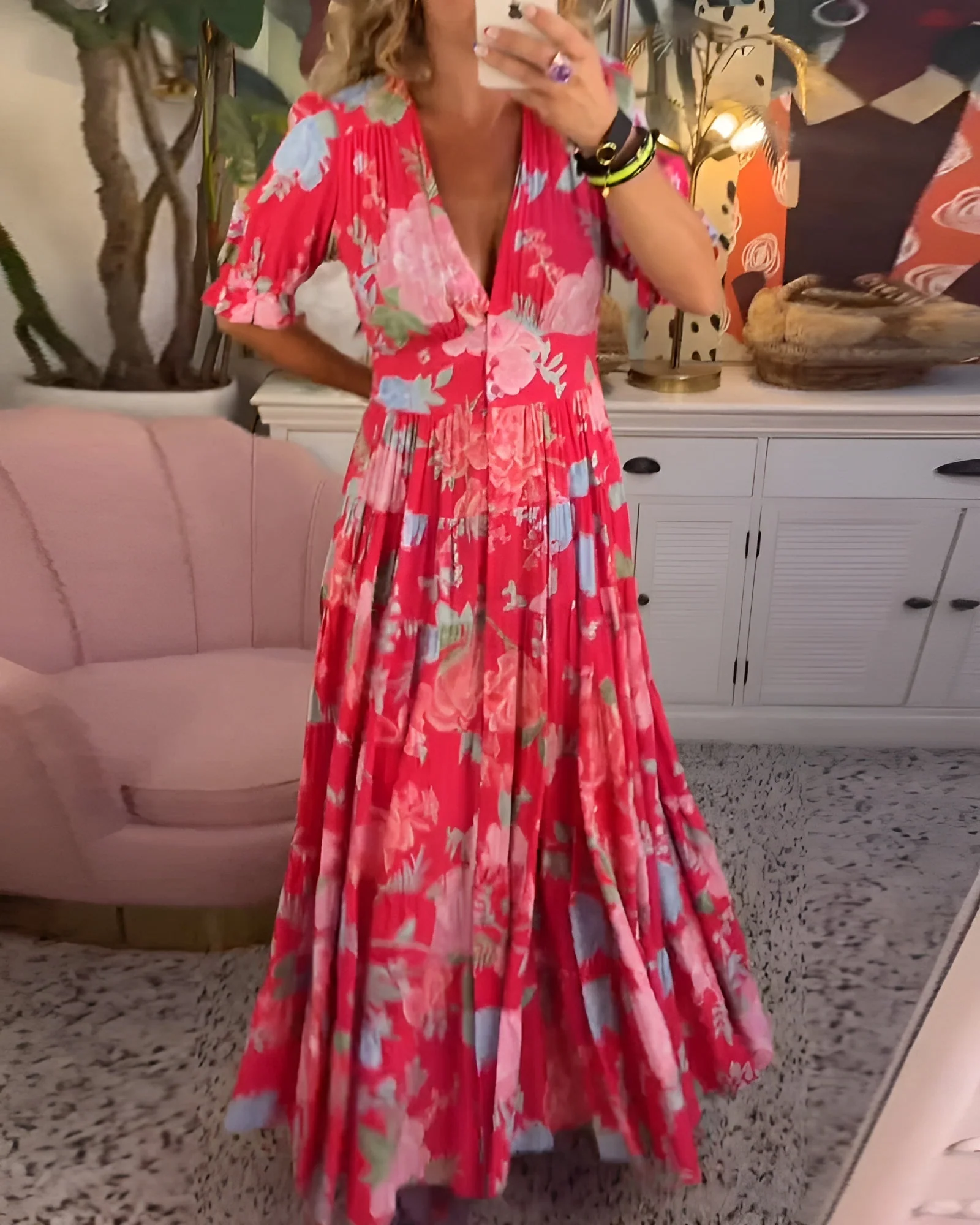 FBGGCA1 Womens Boho Floral Wrap V Neck Maxi Dress with Puff Sleeves