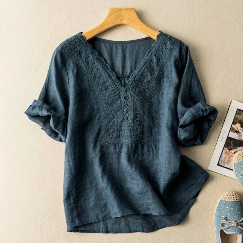 Luciana Cotton-Linen Blouse - Navy Blue — Fashion Accessories