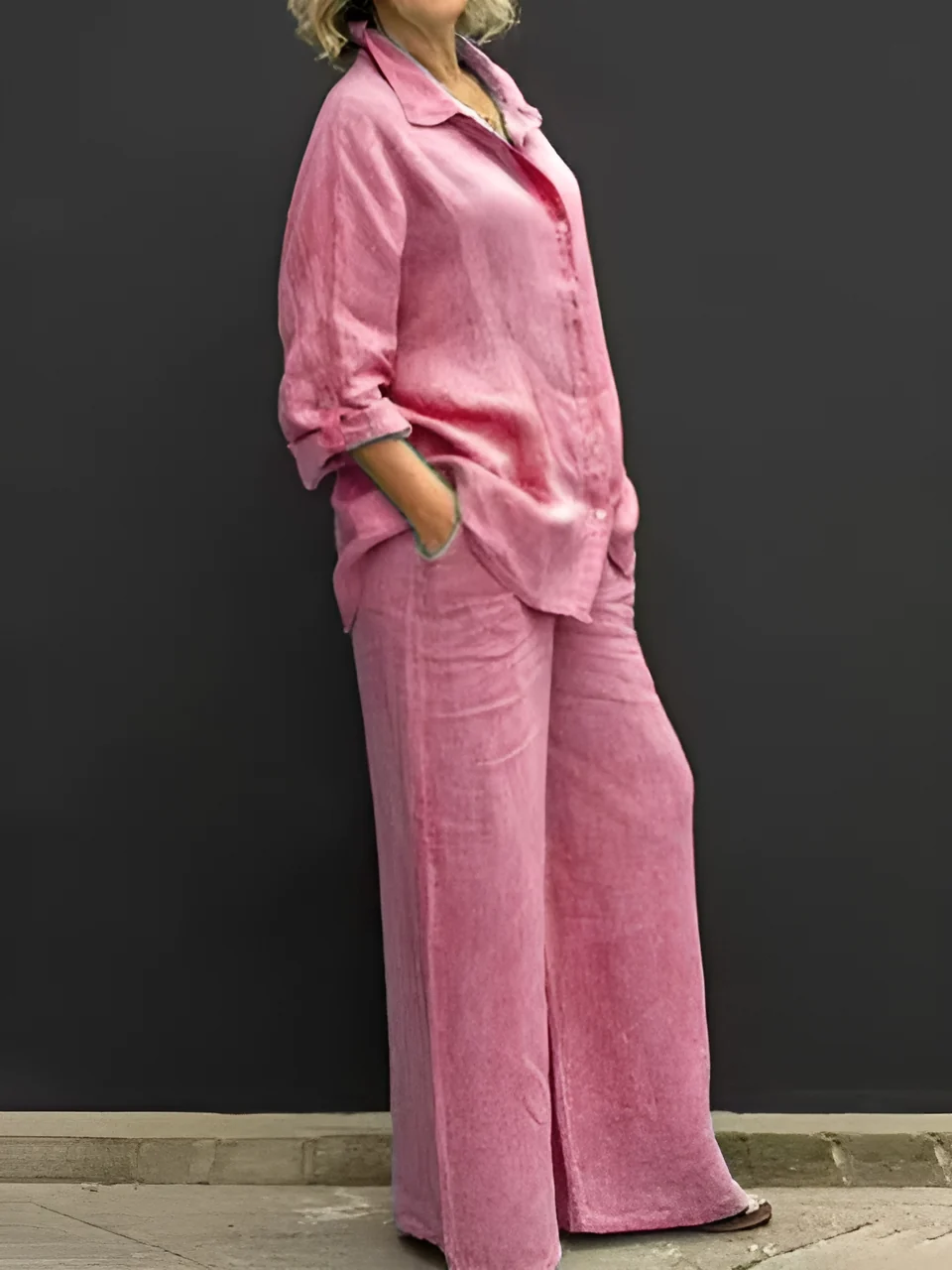 Womens Cotton Linen 2 Piece Outfit with Button Down Top and Wide Leg Pants — Fashion Accessories