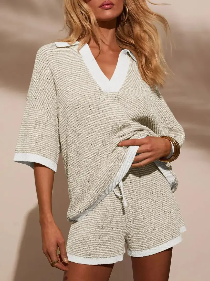 FBGGCA1 Womens Sweater Set 2 Piece Oversized V Neck Knit Tops and Shorts — Womens Sweaters