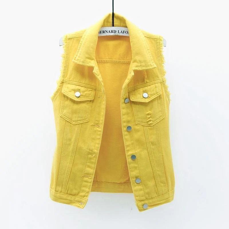 Women's Candy Color Slim Fit Sleeveless Distressed Denim Vest — Casual & Bomber Jackets