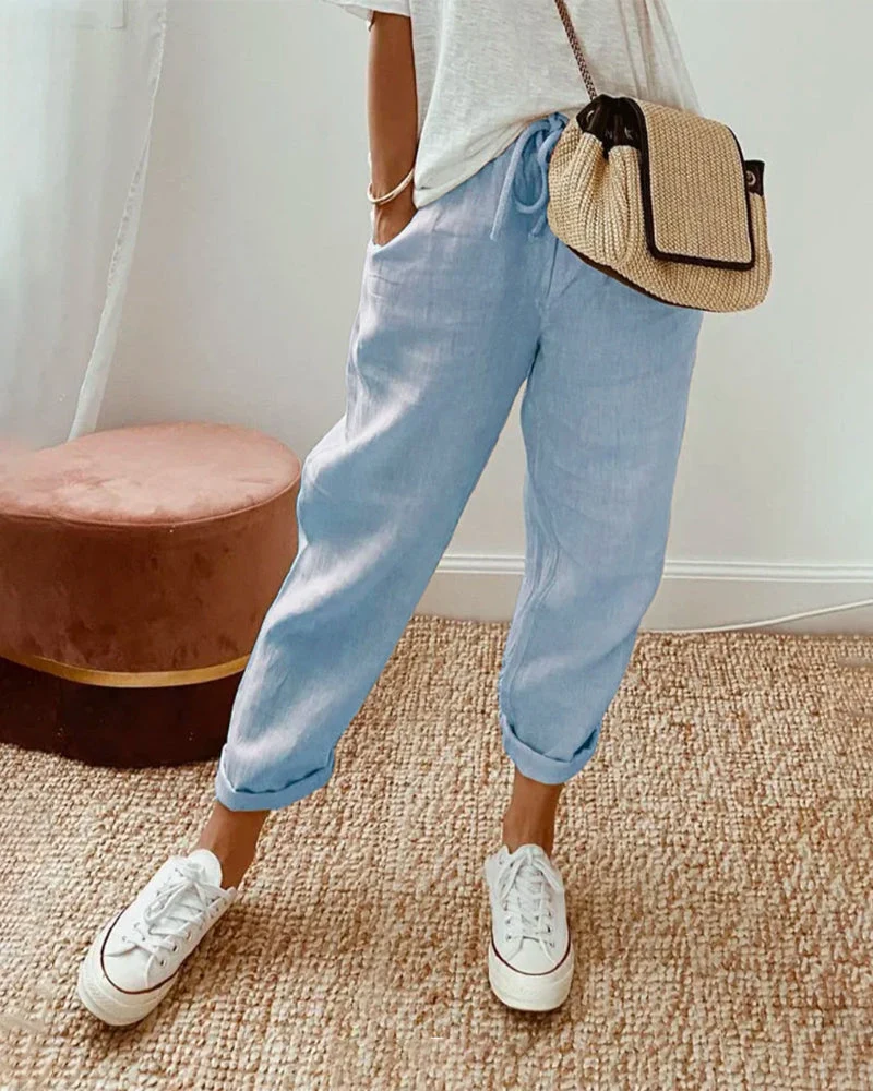 Womens Tapered Cotton Linen Drawstring Pants with Pockets