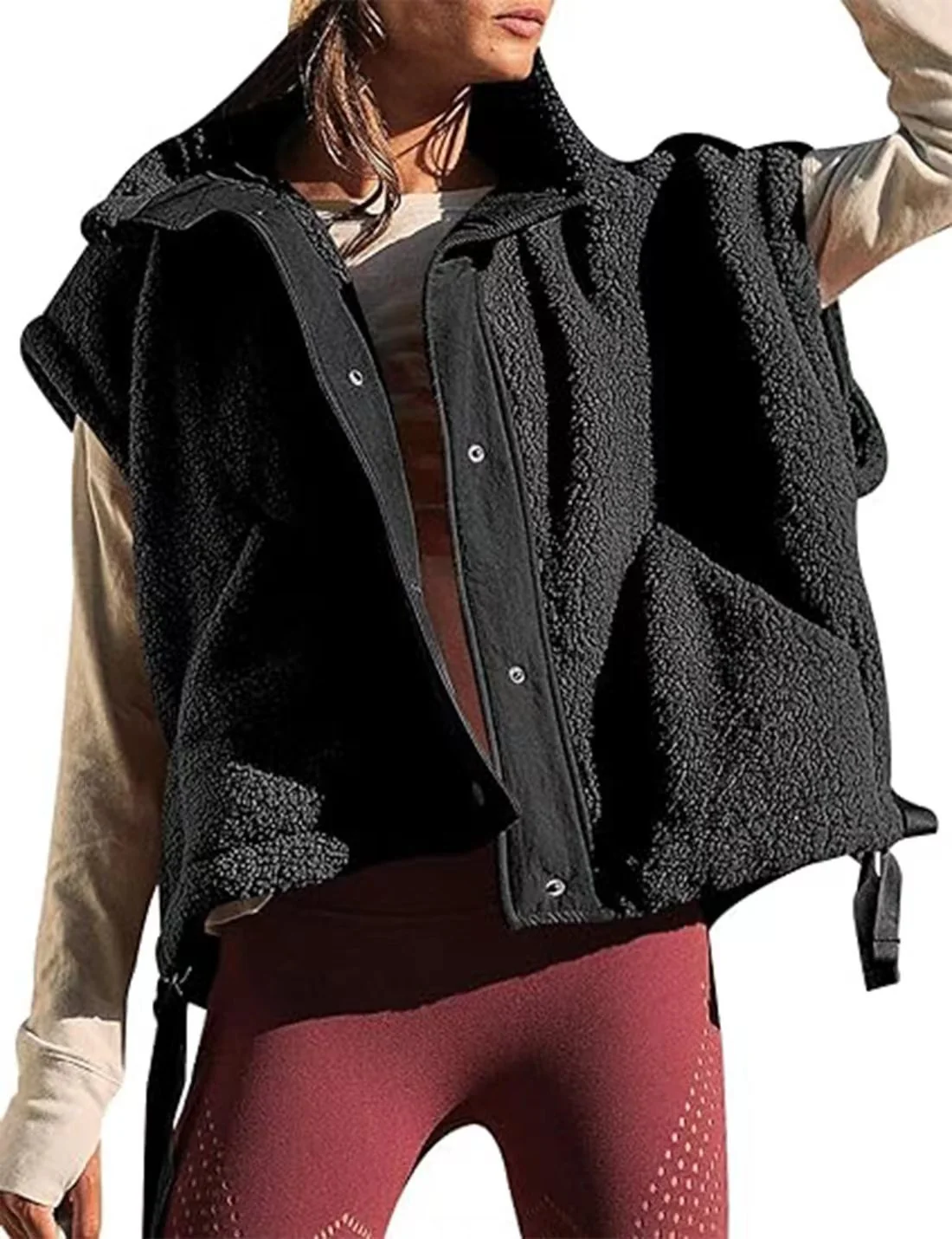 Women’s Sherpa Fleece Vest with Pockets and Button Front — Fashion Accessories