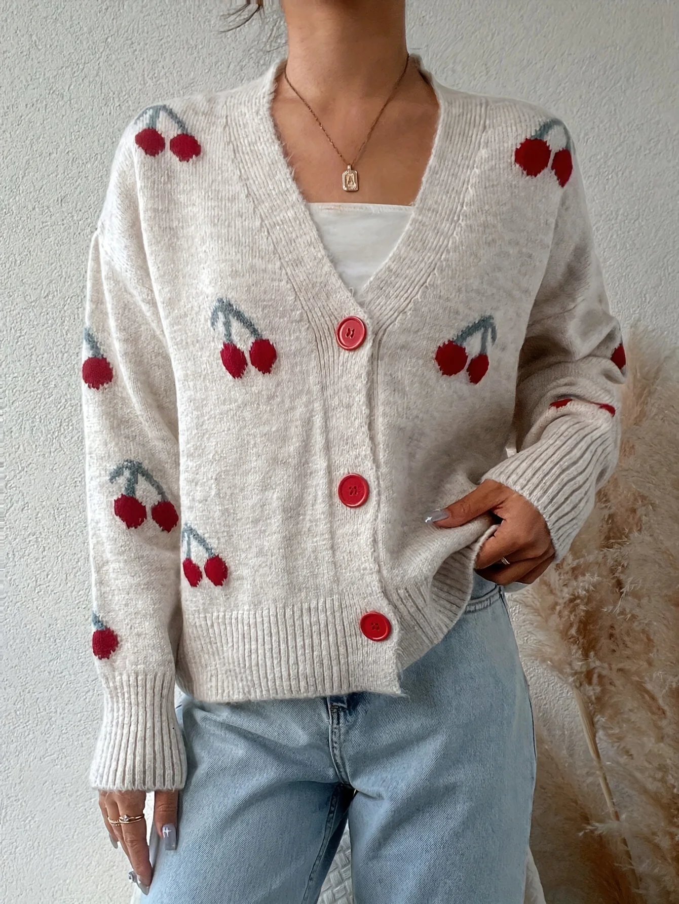 Women's Cherry Pattern Button Front Long Sleeve Cardigan — Womens Sweaters