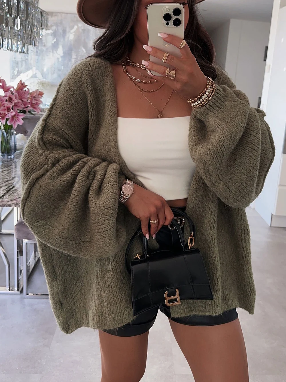 Tikktook Womens Oversized Cardigan Sweater with Long Lantern Sleeves