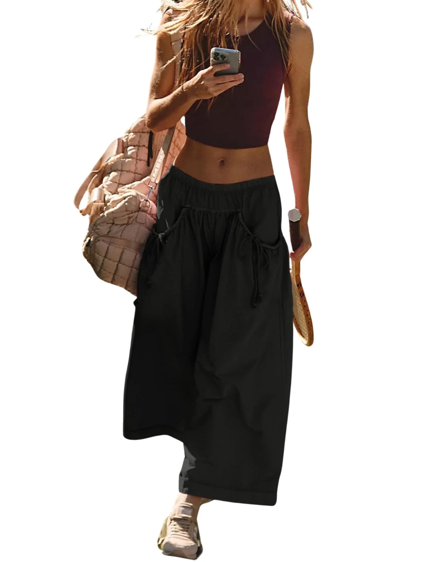 TK Women's Parachute Pants - Wide Leg, Drawstring, Black — Fashion Accessories