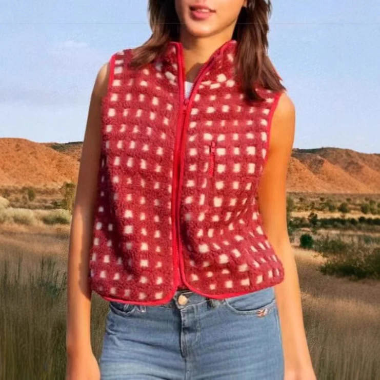 Gilet sans manches en sherpa à carreaux pour femmes col haut — Accessoires de mode