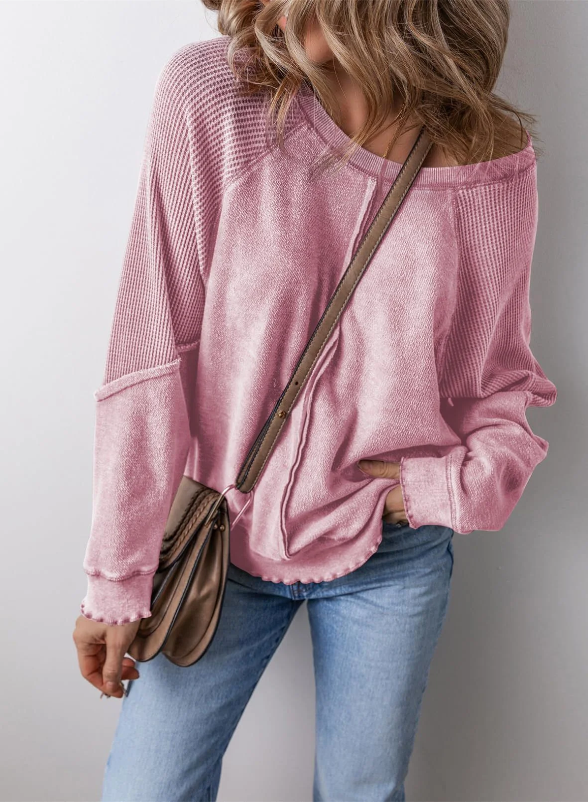 Women's Cotton Waffle Knit Crew Neck Long Sleeve Pullover Sweatshirt — Mens T Shirts