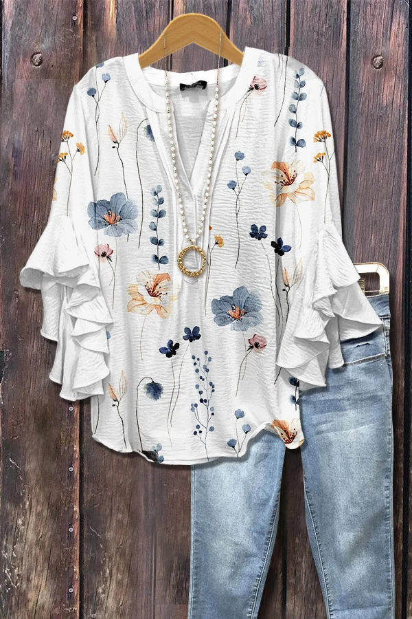 Retro Floral Print Layered Ruffle Sleeve Top for Women — Fashion Accessories