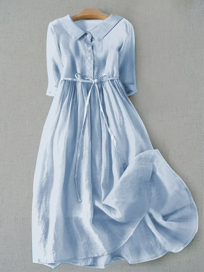 Cotton Linen Midi Dress – Button Down 3/4 Sleeve Dress with Waist Tie — Womens Dresses