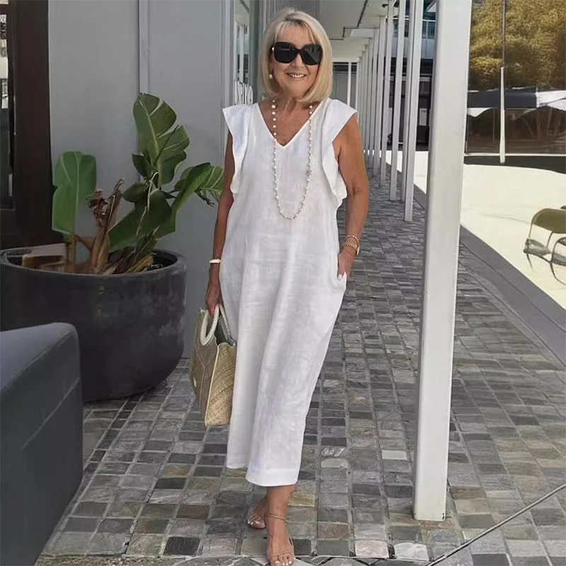 FBBK817 Women Linen Maxi Dress V Neck Ruffle Sleeve Tie Back