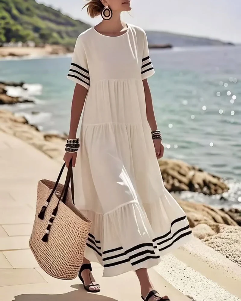 Black Striped A-Line Sundress with Short Sleeves for Women