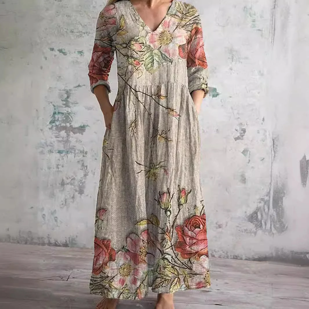 FBBK817 Women's Vintage Floral Print Maxi Dress with Pockets — Womens Dresses