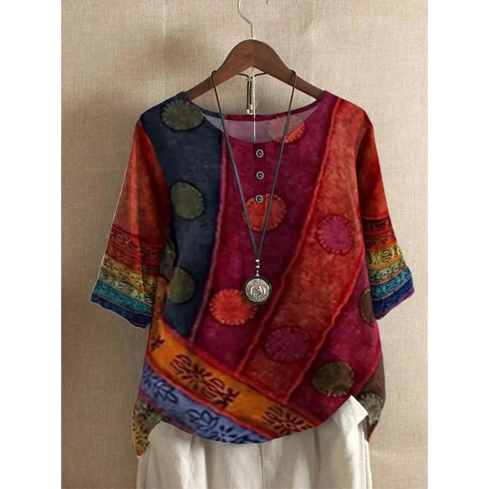 FBBK817 Tops Boho pour Femmes à Manches Courtes Été T-Shirts Vintage
