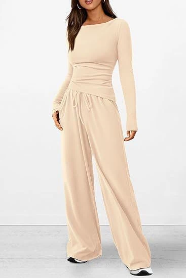 Ensemble de détente pour femmes en 2 pièces T-shirt asymétrique à manches longues et pantalons larges — Accessoires de mode