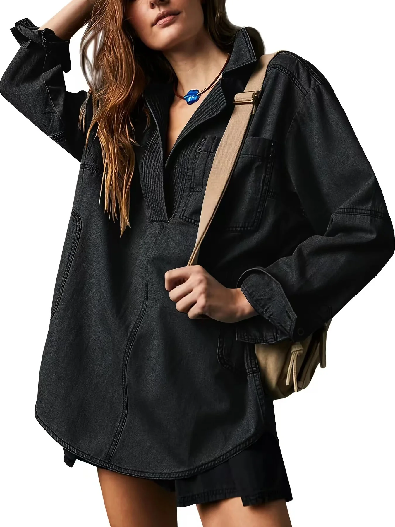 tikktook Women's Denim Pullover V-Neck Loose Fit Jean Jacket — Casual & Bomber Jackets