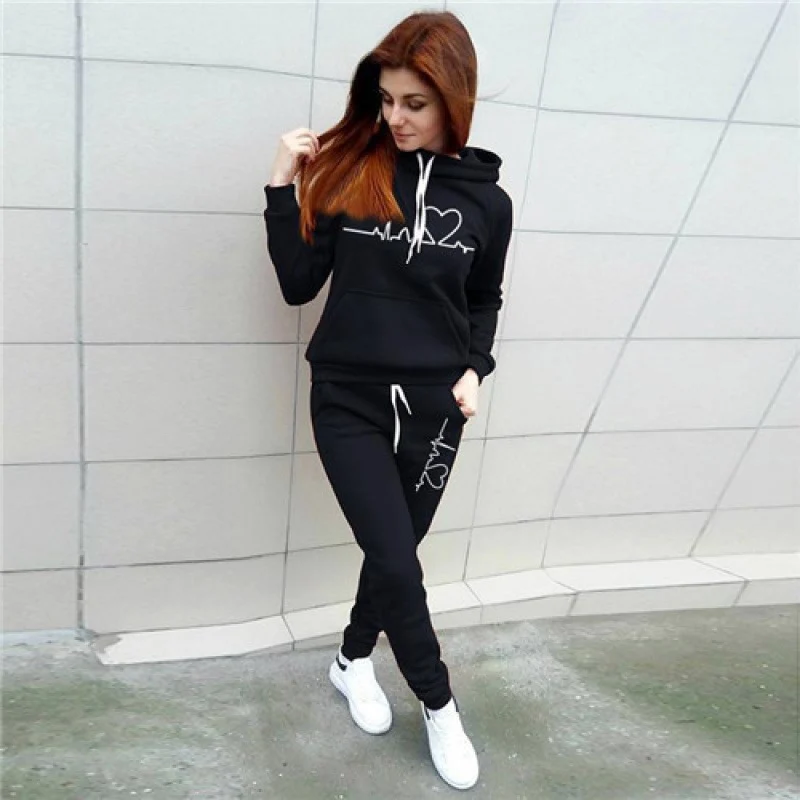 Ensemble Tikktook Hoodie à Imprimé Coeur & Pantalon à Taille Élastique