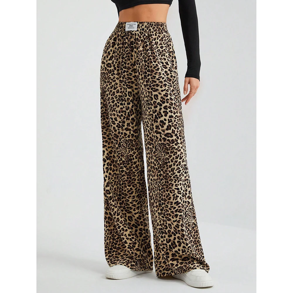 Pantalon droit à imprimé léopard pour femmes avec taille élastique et poches — Accessoires de mode