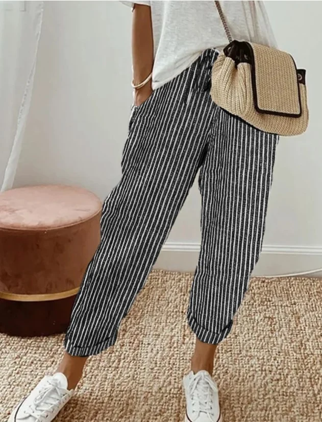 Pantalons Capri Palazzo à Taille Élastique Haute à Rayures Verticales pour Femmes