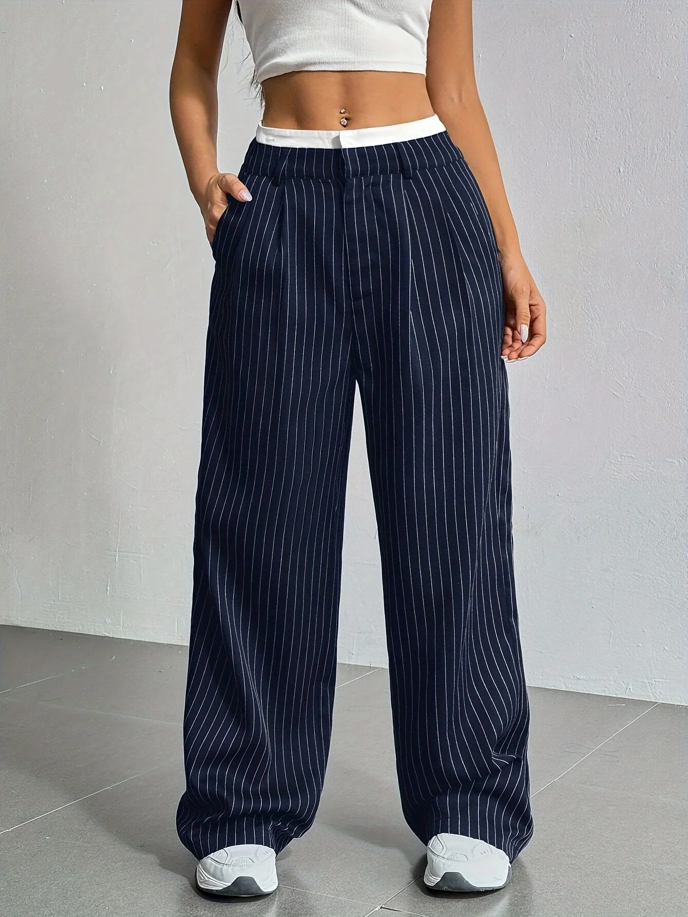 Pantalon large à taille haute à rayures pour femmes - 1688PHB — Accessoires de mode