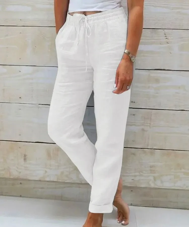 Pantalon Tapered Femme Coton Lin Taille Élastique avec Cordon — Accessoires de mode