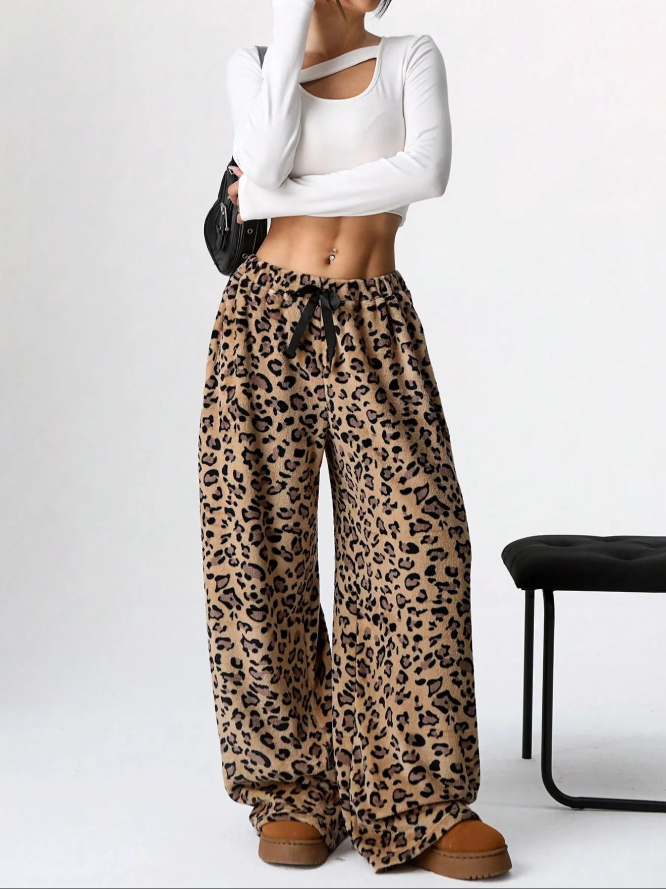 Women's Leopard Print Wide Leg Pants for Daily Wear