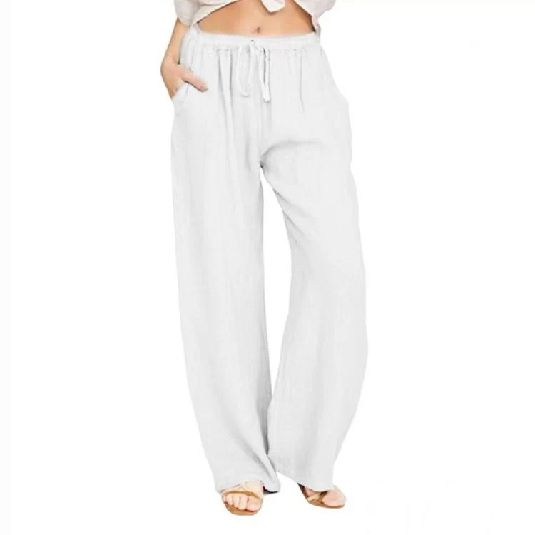 Pantalons Palazzo d'été pour femmes avec taille à cordon et jambes larges en coton et lin — Accessoires de mode