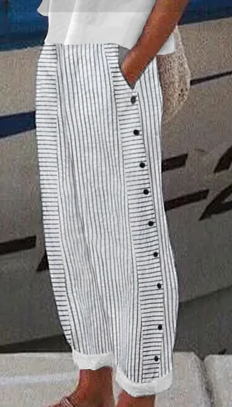 Pantalon en lin pour femmes, coupe droite, taille élastique avec poches