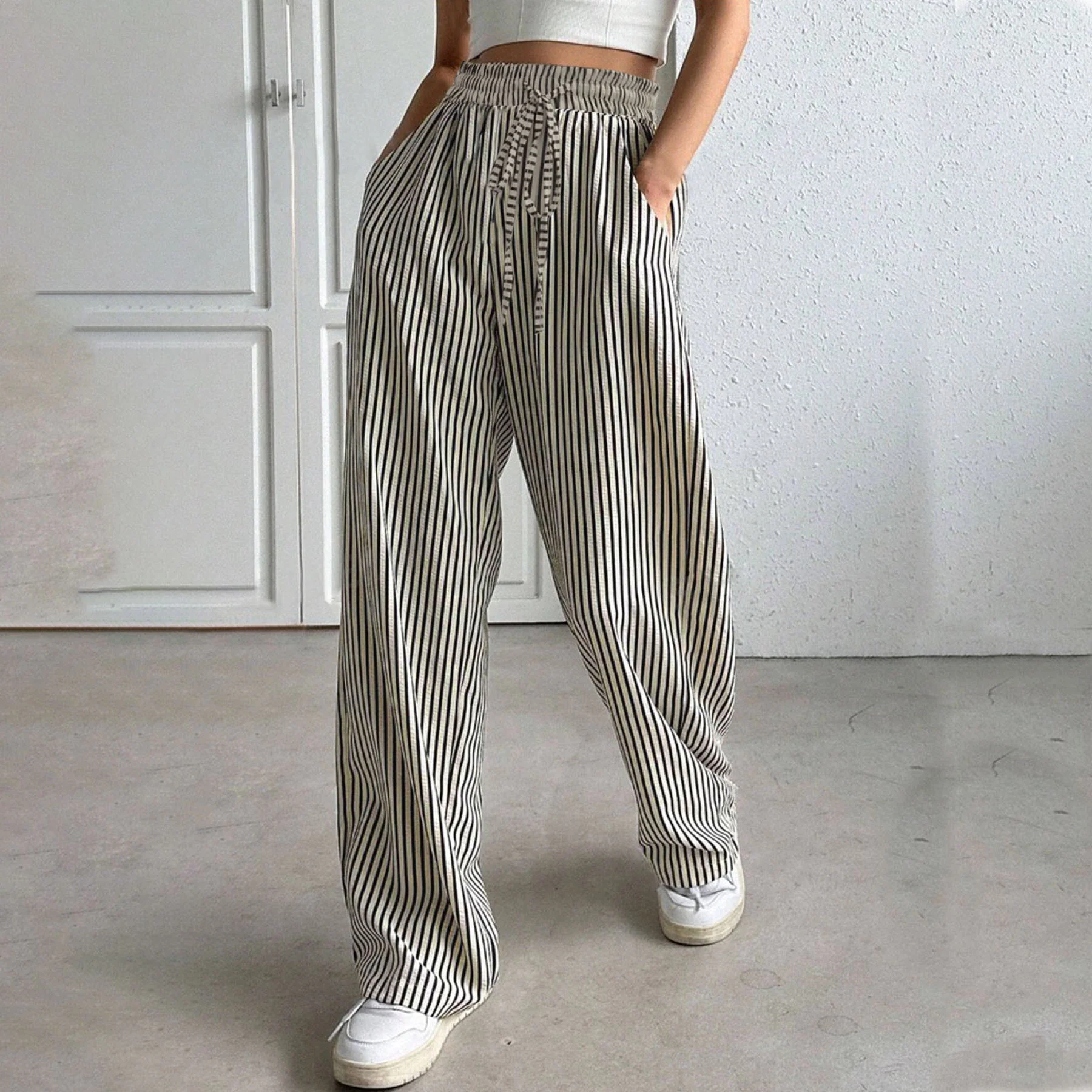 Pantalons Palazzo Rayés à Jambes Larges pour Femmes avec Taille Élastique — Robes pour femmes